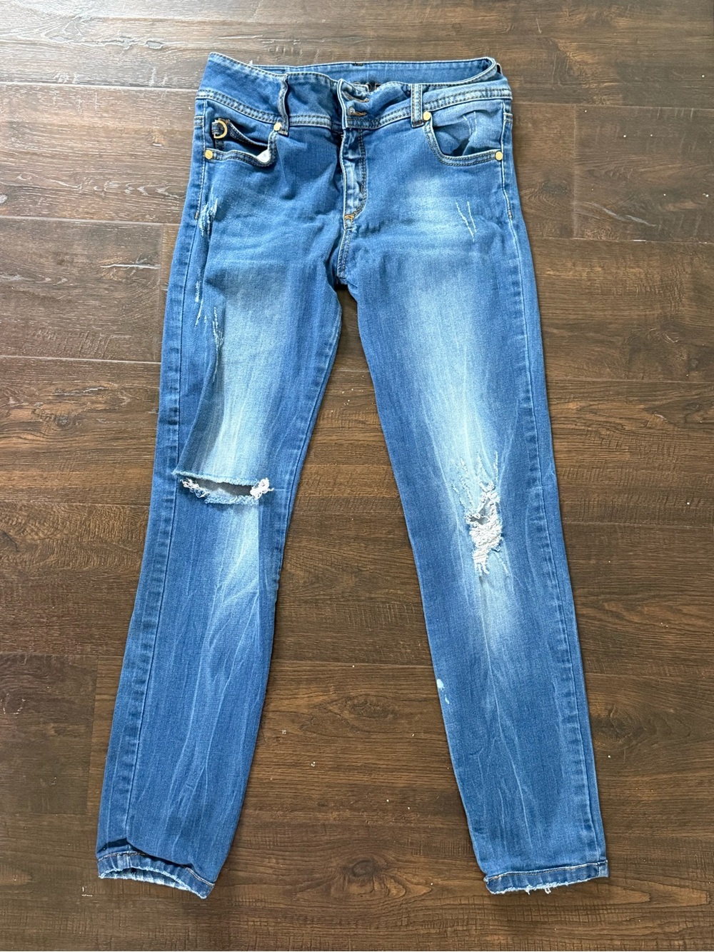 Women's Blue Distressed Skinny Jeans - Stretch Fit